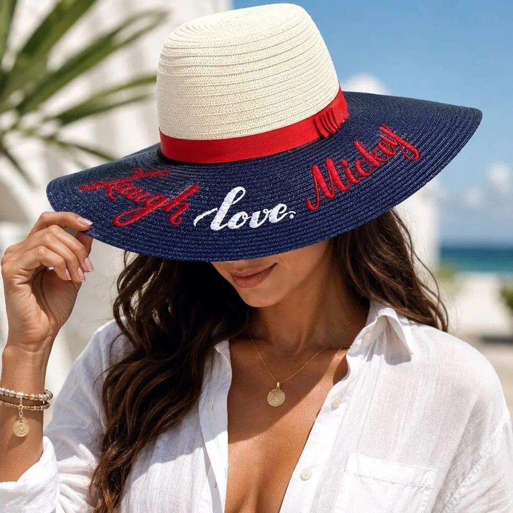 Disney Parks Wide Brim Sun Hat Embroidered Mickey Natural Blue Women Med/57cm